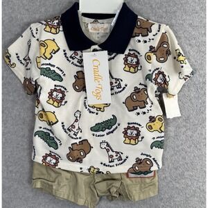 Vintage Cradle Togs Baby Outfit Safari‎ Animal Polo Shirt & Shorts Set 12M NWT